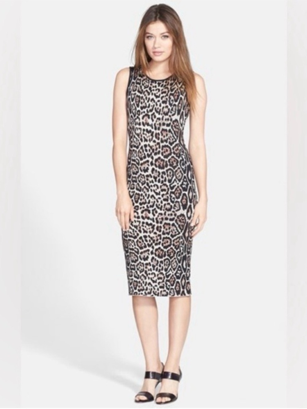 Pink Tartan Leopard Animal Knit Body Con Midi Dress XS = 2